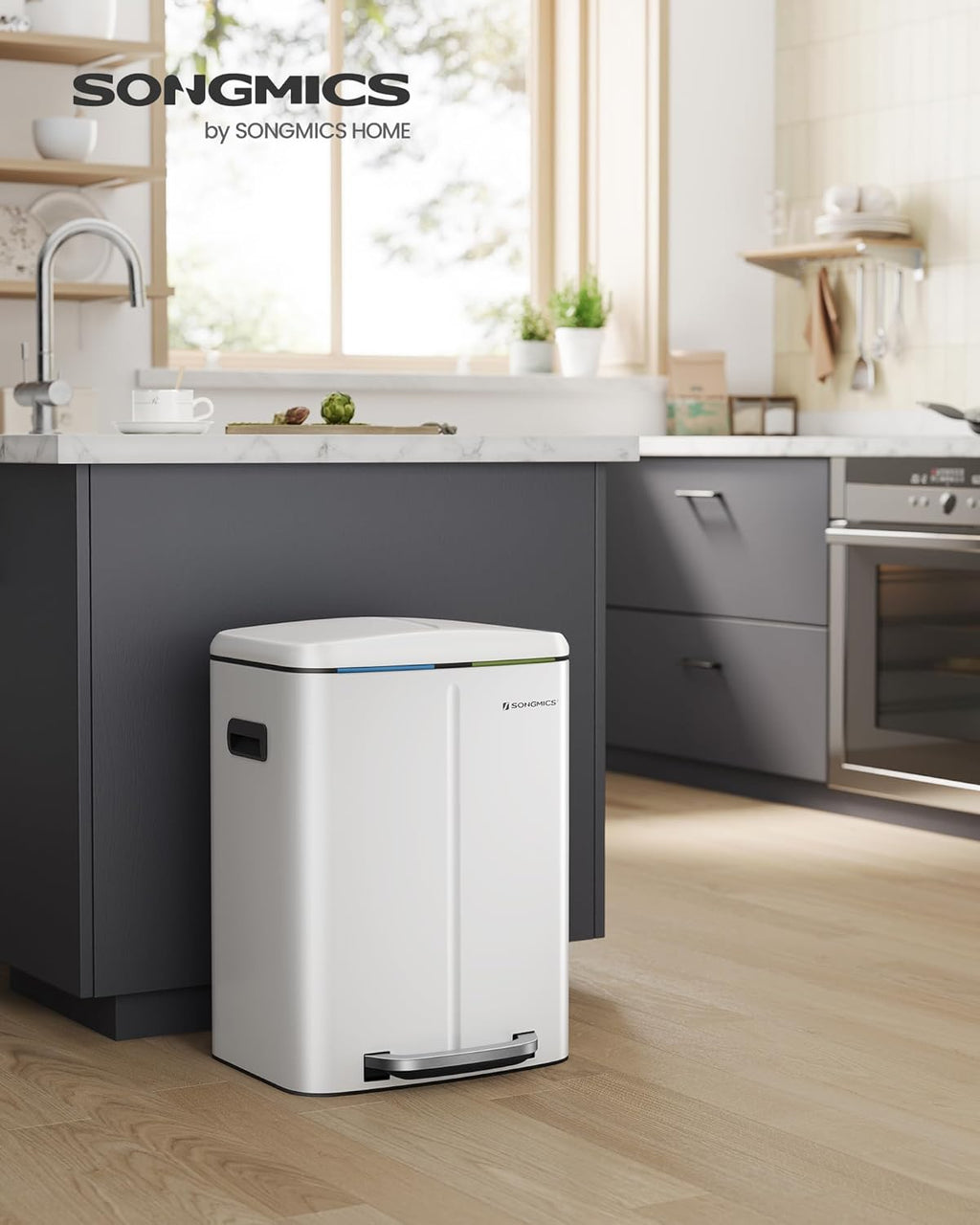 SONGMICS Cos de gunoi din inox cu 2 galeti interioare, colectare selectiva, 2x20 litri, alb