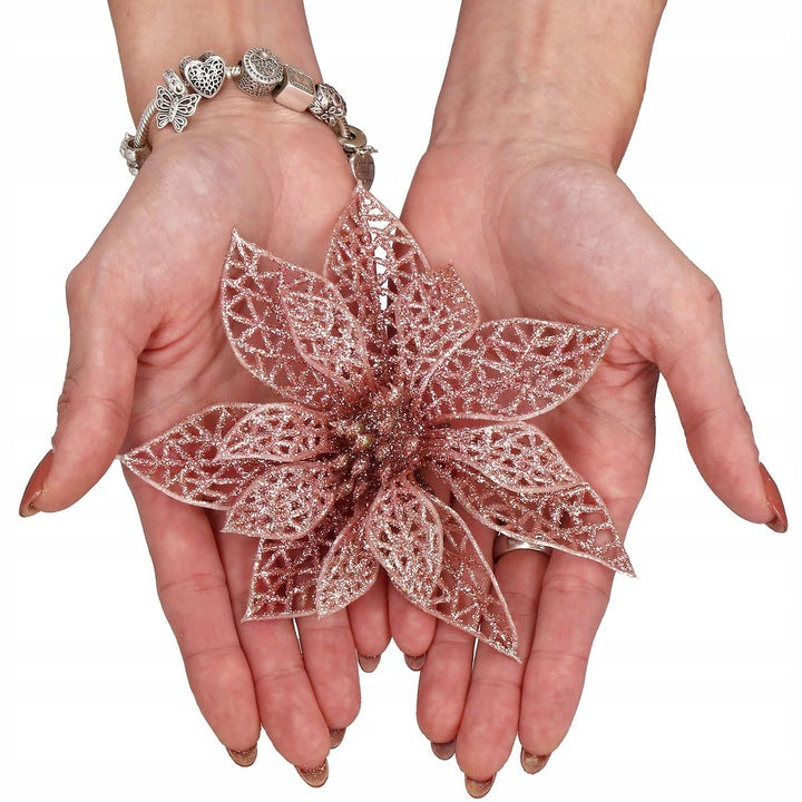 Set 10 ornamente pentru bradul de Craciun, stea Poinsettia, 10cm, roz