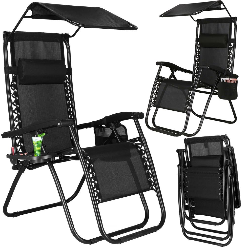 Sezlong pliabil  GC3, Relax Zero Gravity cu parasolar, 175cm, negru