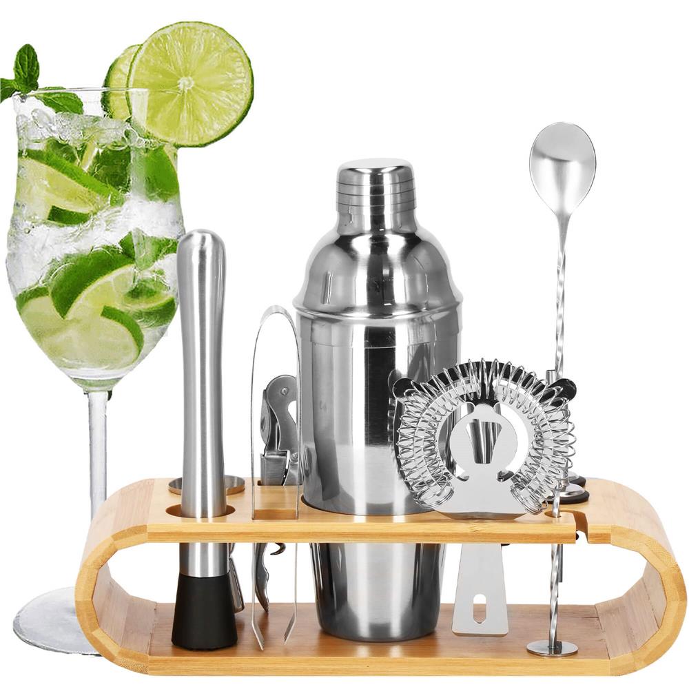 Set Cocktail Shaker Kit pentru barmani 750ml, KI25, suport bambus, 12 piese