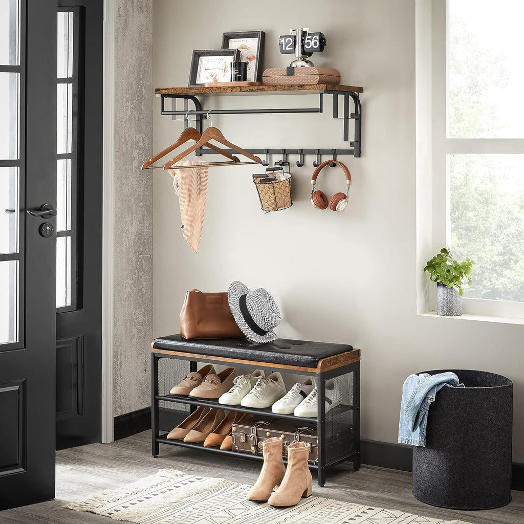 VASAGLE Cuier de perete cu raft de depozitare, 5 carlige, 30x80x27 cm, maro rustic