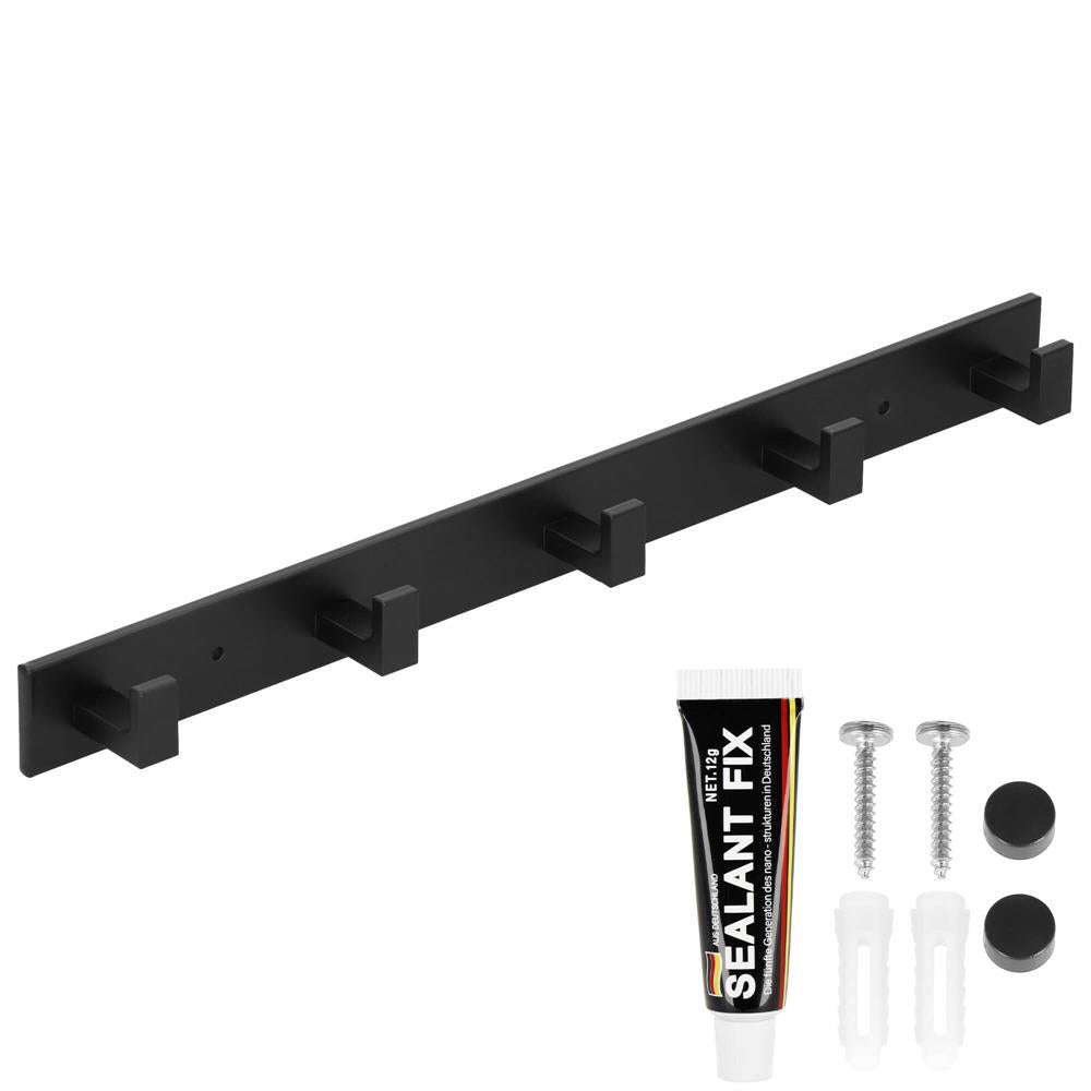 Cuier de baie pentru prosoape cu 2 sisteme instalare, aluminiu, 5 agatatori, 45x4cm, negru