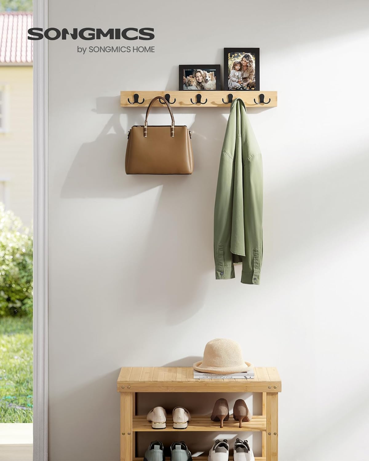 SONGMICS Cuier de perete pentru hol sau baie, 5 carlige duble, 5x70x7 cm, maro natural