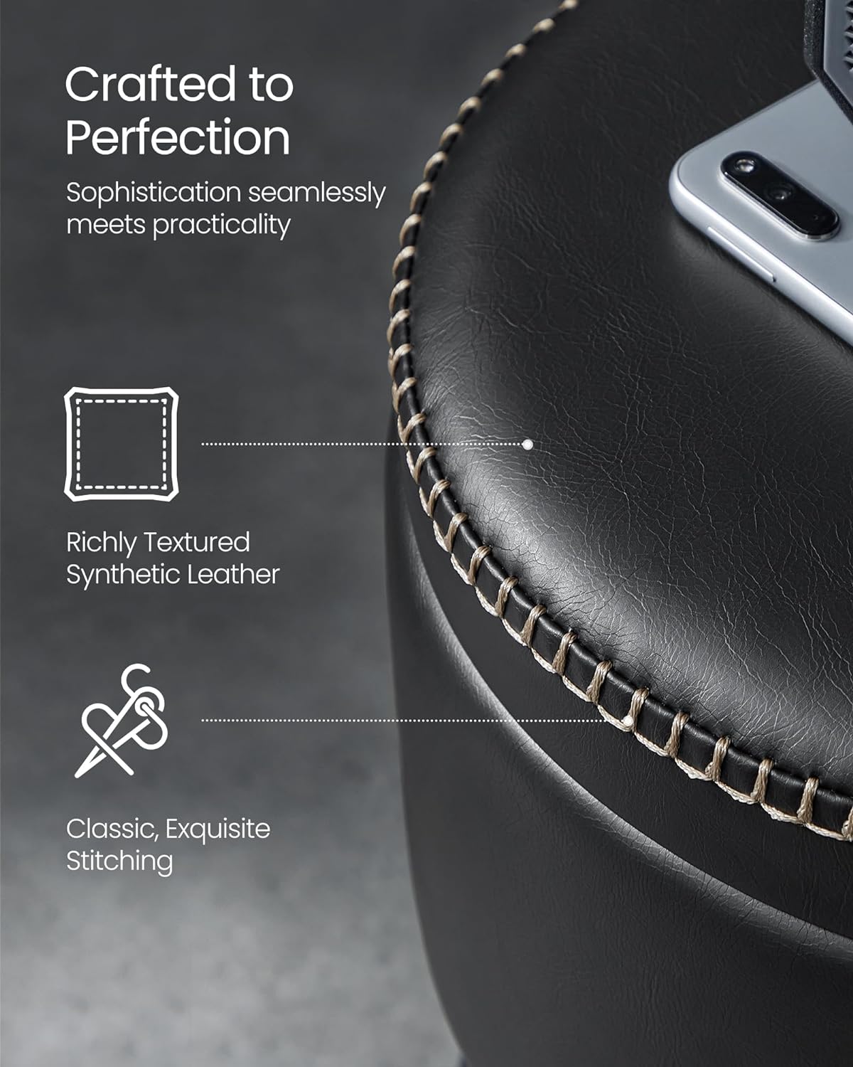 VASAGLE Taburet cu spatiu de depozitare, tapitat PU, cu 2 fete, diametru 32 cm, negru