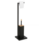 Stand cu perie WC si suport hartie igienica, metal si bambus, 79cm, negru