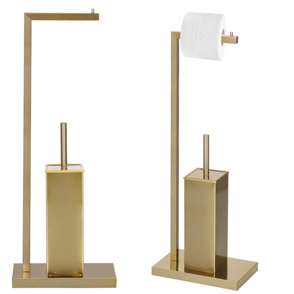Stand cu perie WC si suport hartie igienica, metal si bambus, 67cm, auriu