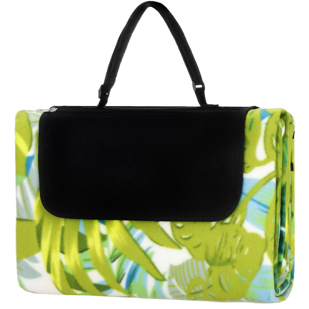 Patura pentru picnic sau plaja, cu folie izolatoare si maner, 200x200cm, model frunze, verde