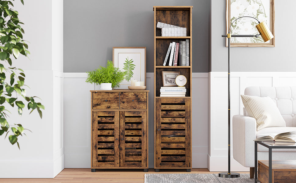 VASAGLE Dulap de baie, cu 3 compartimente deschise si spatiu de depozitare cu usa, 40x30x167cm, maro vintage