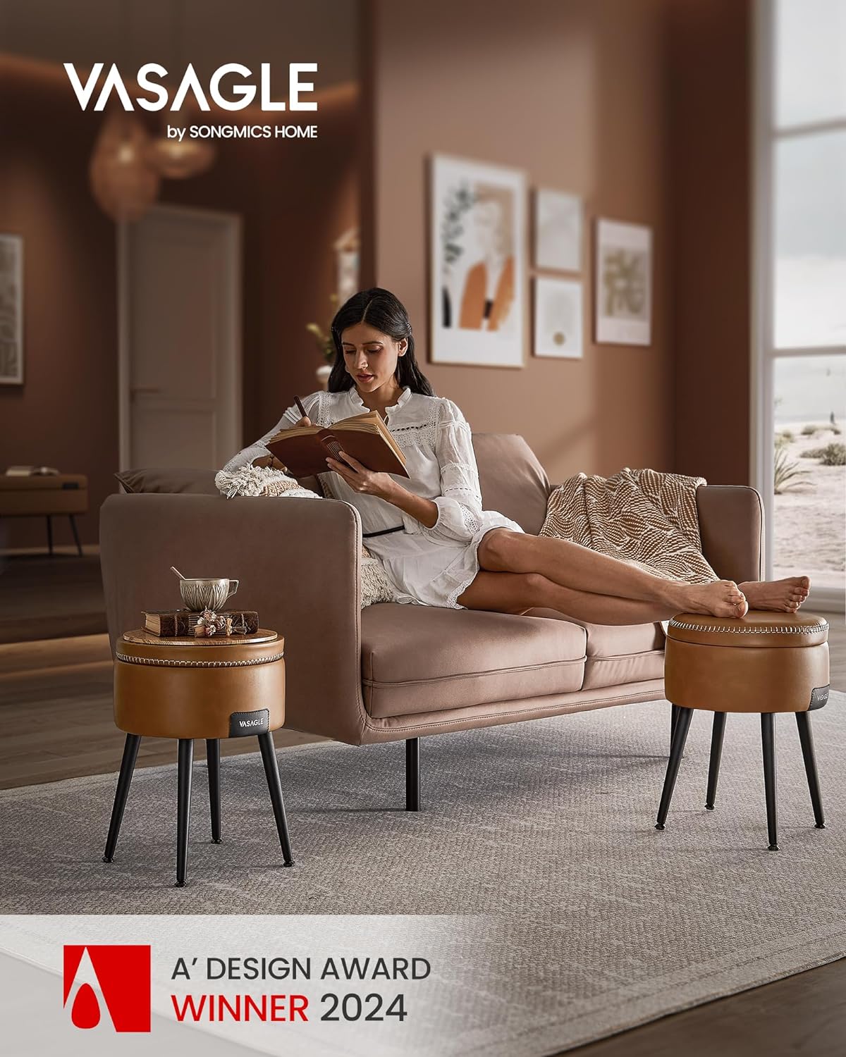 VASAGLE Taburet cu spatiu de depozitare, tapitat PU, cu 2 fete, diametru 32 cm, maro