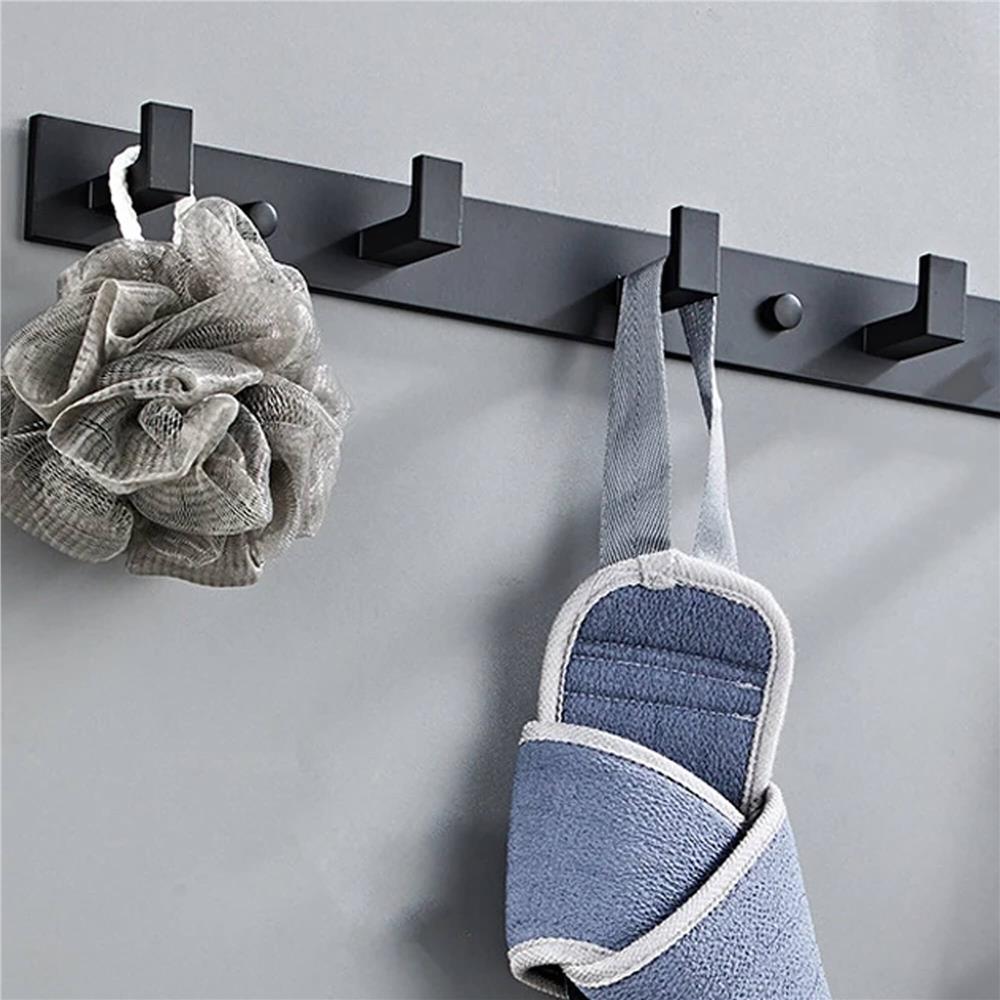 Cuier de baie pentru prosoape cu 2 sisteme instalare, aluminiu, 4 agatatori, 35x4cm, negru