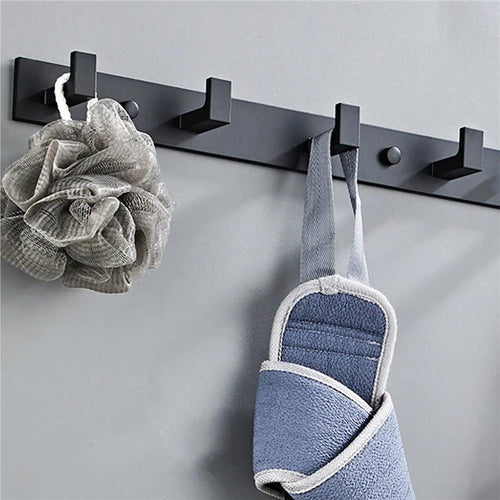 Cuier de baie pentru prosoape cu 2 sisteme instalare, aluminiu, 4 agatatori, 35x4cm, negru
