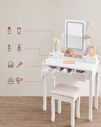 VASAGLE Masa de toaleta cu taburet, oglinda rotativa 360°, iluminare LED reglabila, 80x40x138 cm, alb