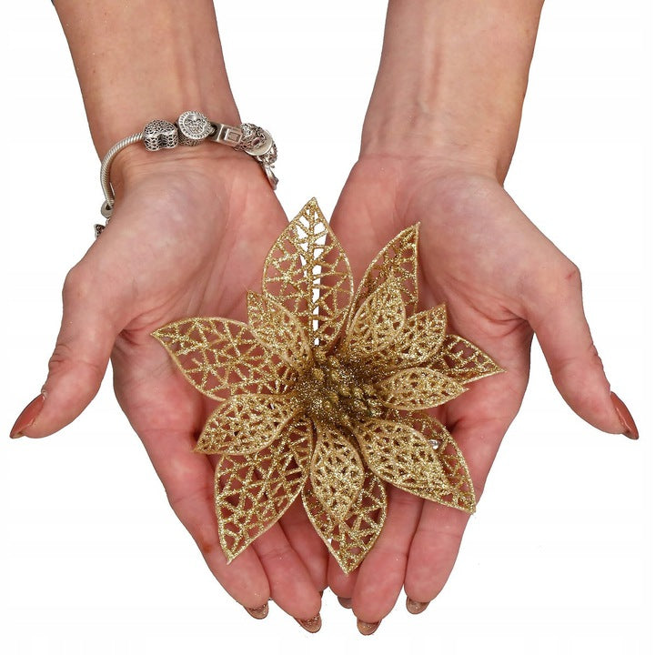 Set 10 ornamente pentru bradul de Craciun, stea Poinsettia, 14cm, auriu