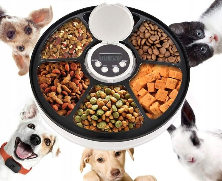 Hranitor automat pentru caini si pisici, sunet hranire, capacitate dispenser 6x70gr, cu display digital