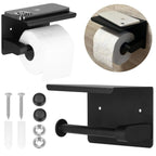 Suport hartie igienica din otel cu raft depozitare, prindere fara gaurire, 14cm, negru