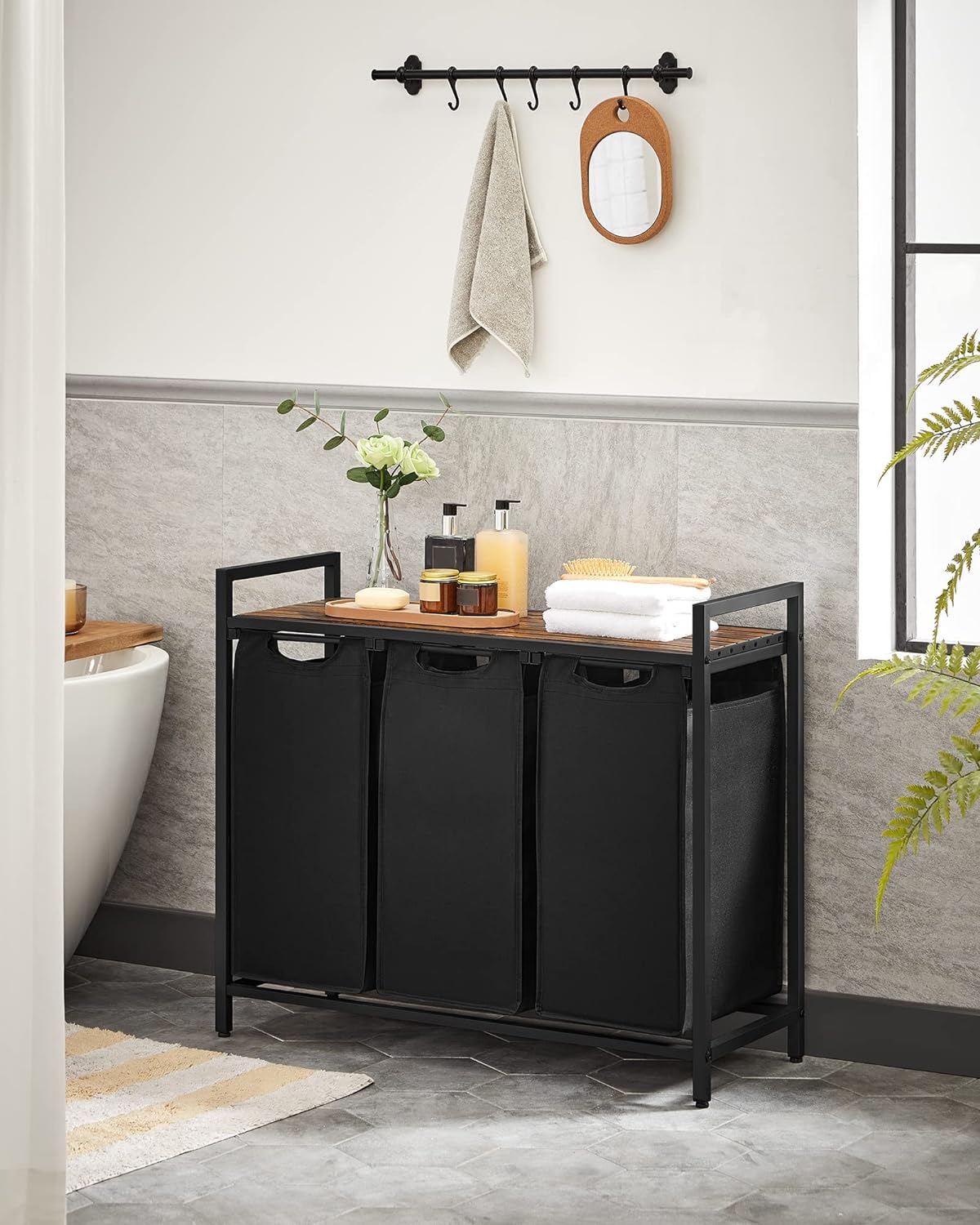 VASAGLE Cos de rufe, 3 compartimente, saci de rufe detasabili, raft, cadru metalic, 3x38L, 93x33x72 cm, maro rustic si negru