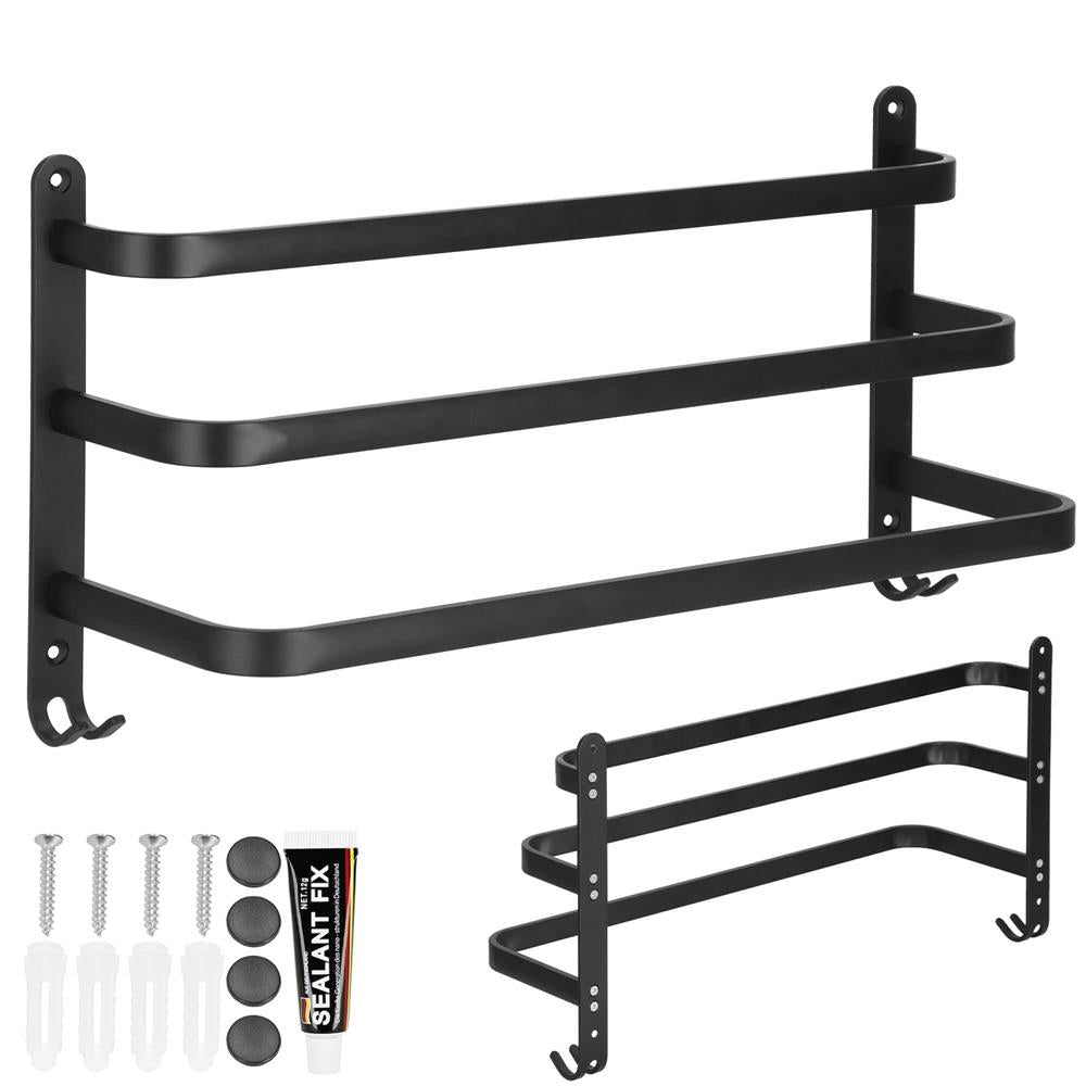 Suport prosoape pentru baie cu 2 sisteme de instalare, 3 brate, din aluminiu, 49x25cm, negru