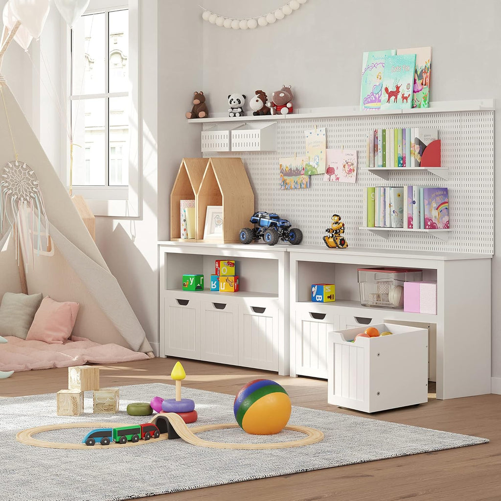 VASAGLE Comoda cu spatiu depozitare jucarii, 3 dulapuri mobile, 102x30x60 cm, alb