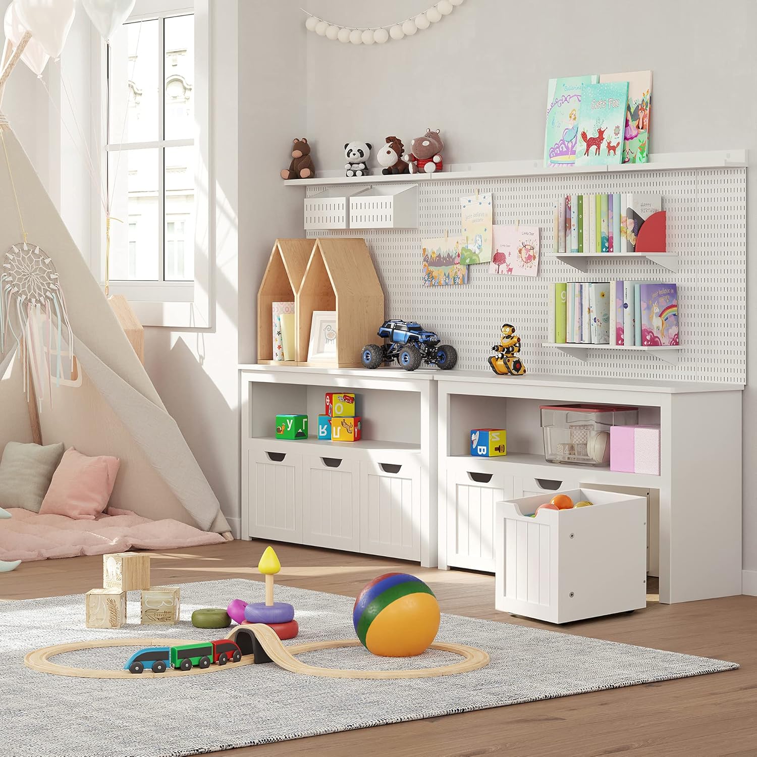 VASAGLE Comoda cu spatiu depozitare jucarii, 3 dulapuri mobile, 102x30x60 cm, alb