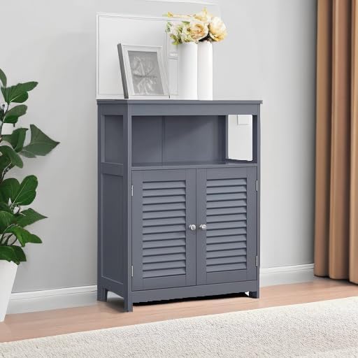 VASAGLE Dulap tip comoda pentru baie, cu rafturi reglabile si 2 usi, 30x60x80 cm, gri