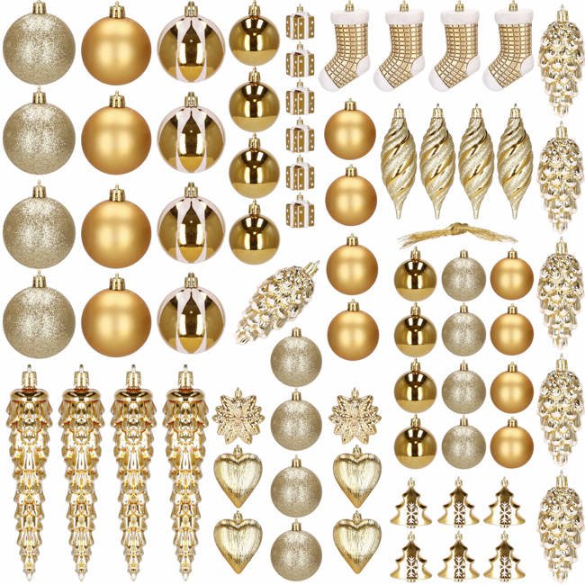 Set globuri si decoratiuni de Craciun, 72 piese, diverse dimensiuni, auriu