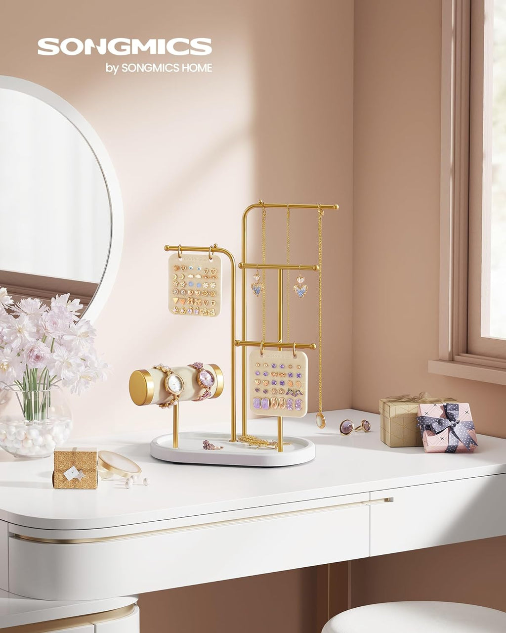 SONGMICS Stand suport pentru depozitare si expunere bijuterii, otel, 11x20x32 cm, auriu