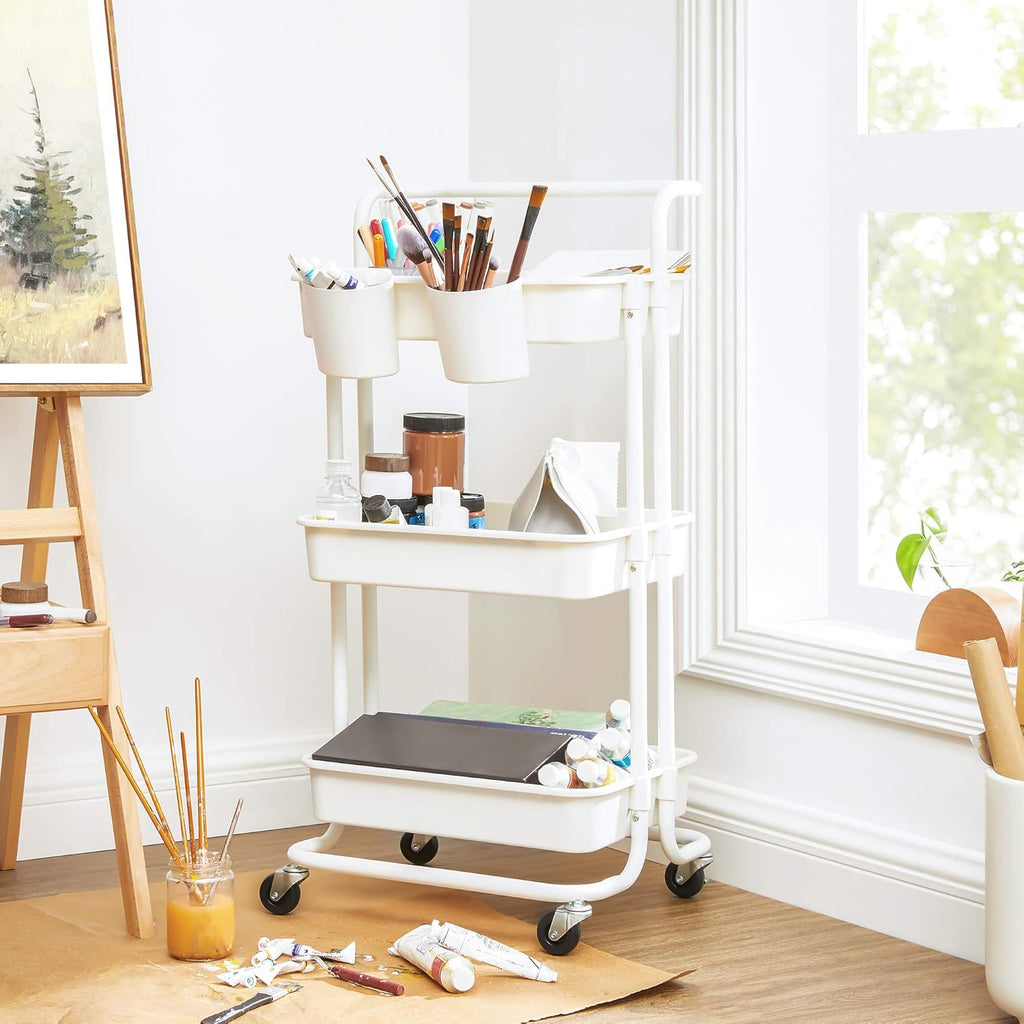 SONGMICS Carucior de depozitare pe roti, pentru bucatarie sau baie, cu 3 nivele, 42x34x86 cm, alb