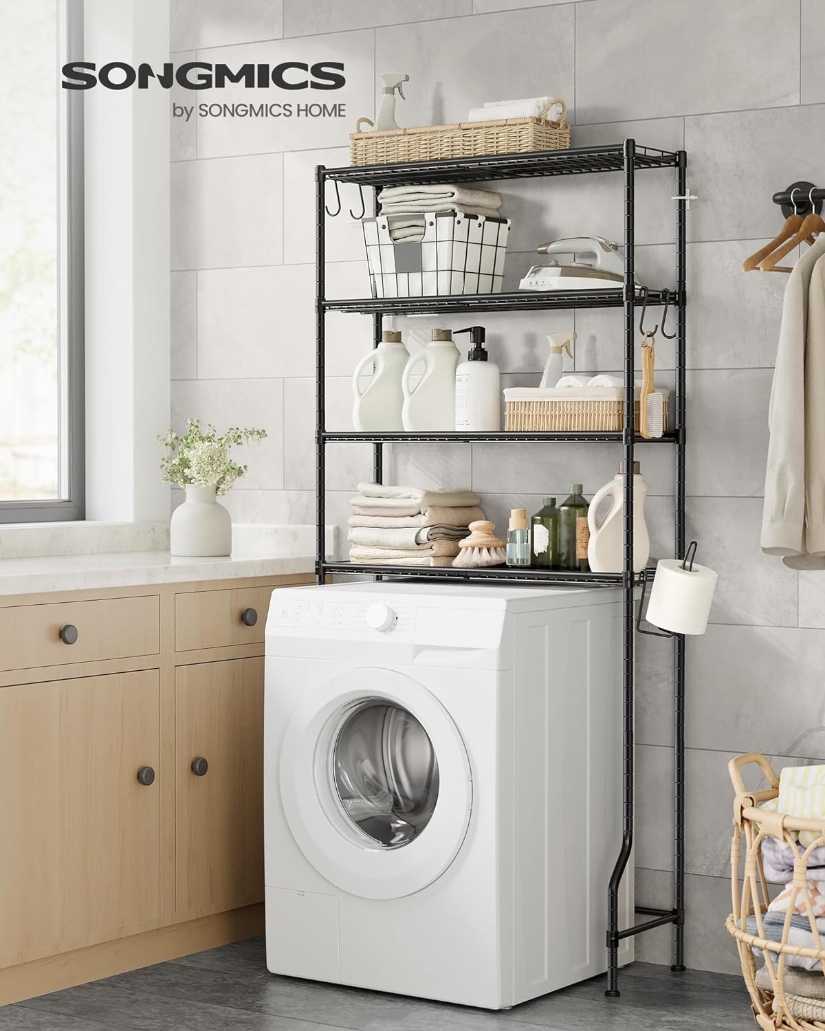 SONGMICS Raft de depozitare pentru baie, suprapunere peste masina spalat sau vas WC, 30x83x176 cm, negru