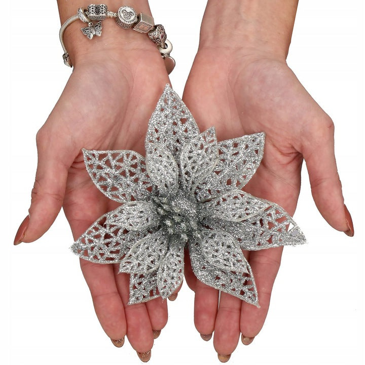 Set 10 ornamente pentru bradul de Craciun, stea Poinsettia, 10cm, argintiu