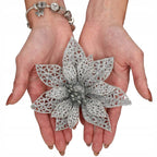 Set 10 ornamente pentru bradul de Craciun, stea Poinsettia, 10cm, argintiu