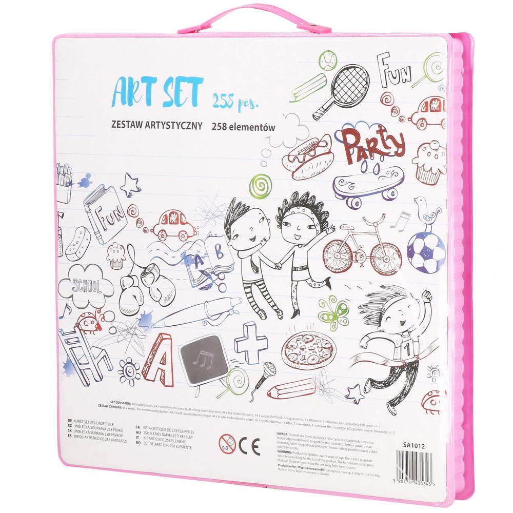 Set de pictura si desen pentru copii, 258 de piese, trusa plastic roz