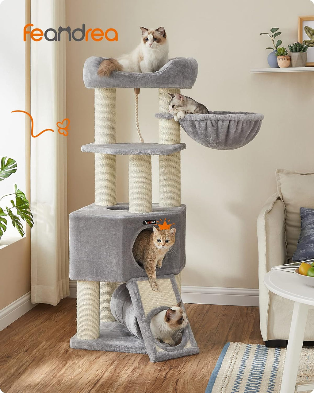 FEANDREA Ansamblu de joaca pisici, tip copac, pentru pisici de dimensiuni mari, 50x50x141 cm, gri