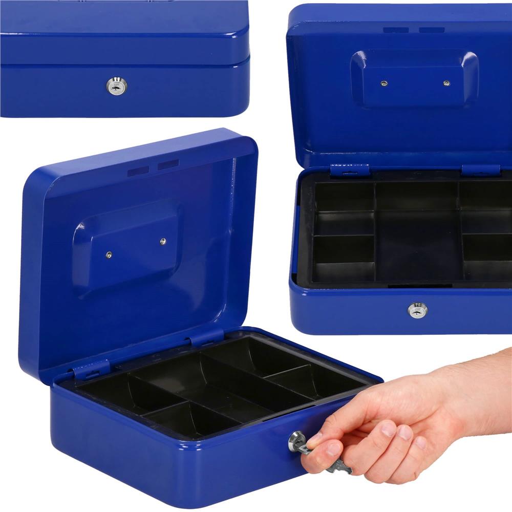 Caseta pentru bani tip cutie de valori, compartimentanta, cu cheie, metal, 20x16x9cm, albastru