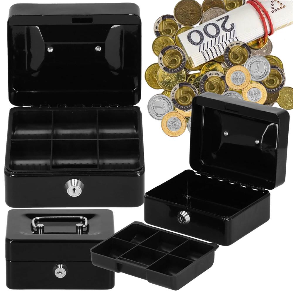 Caseta pentru bani tip cutie de valori, compartimentanta, cu cheie, metal, 15x12x8cm, negru