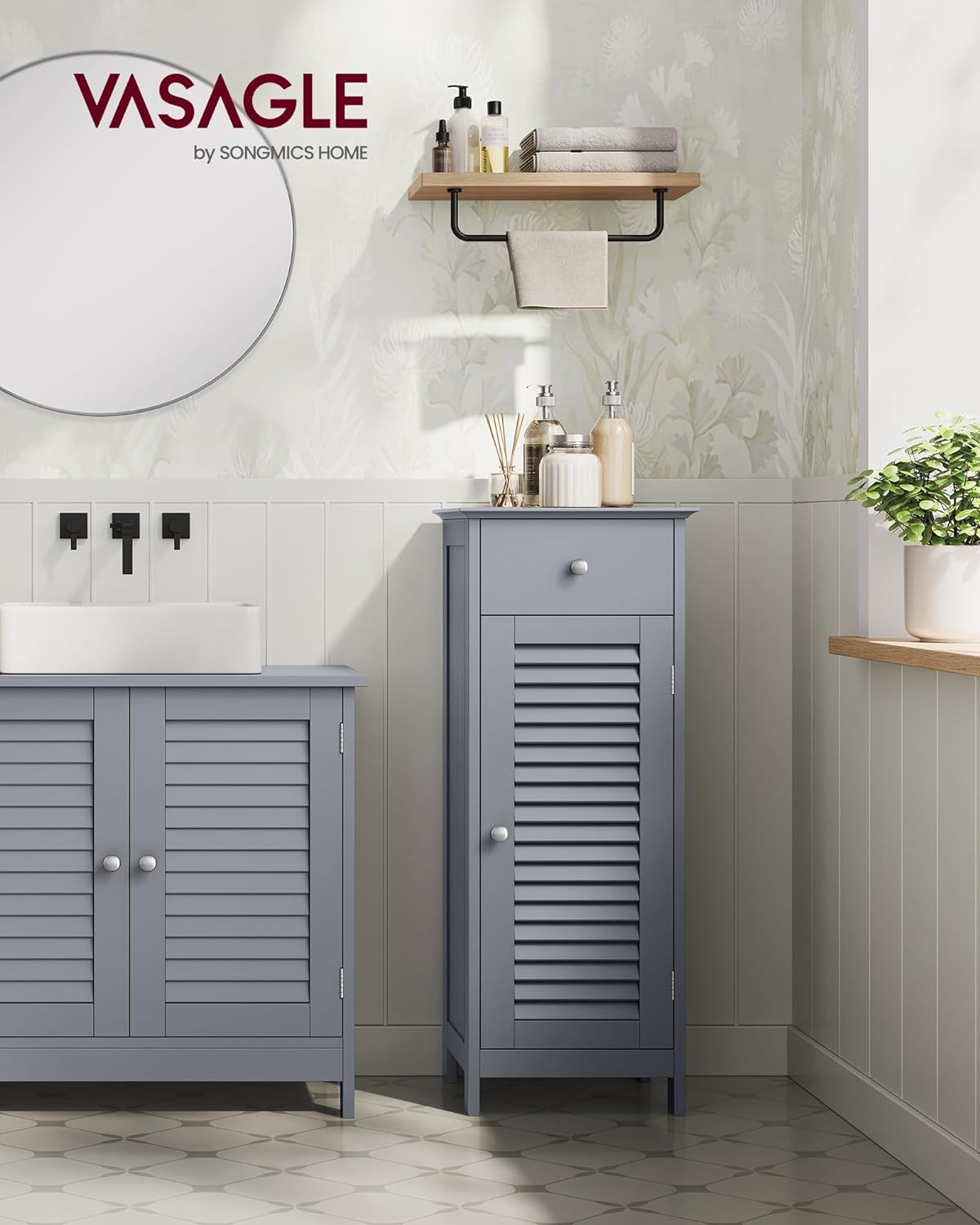 VASAGLE Dulap de depozitare de podea pentru baie, din lemn cu sertar, usa cu lamele, 32x30x87cm, gri