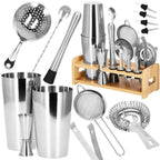 Set Cocktail Shaker Kit pentru barmani 750ml, KI11, suport bambus, 14 piese