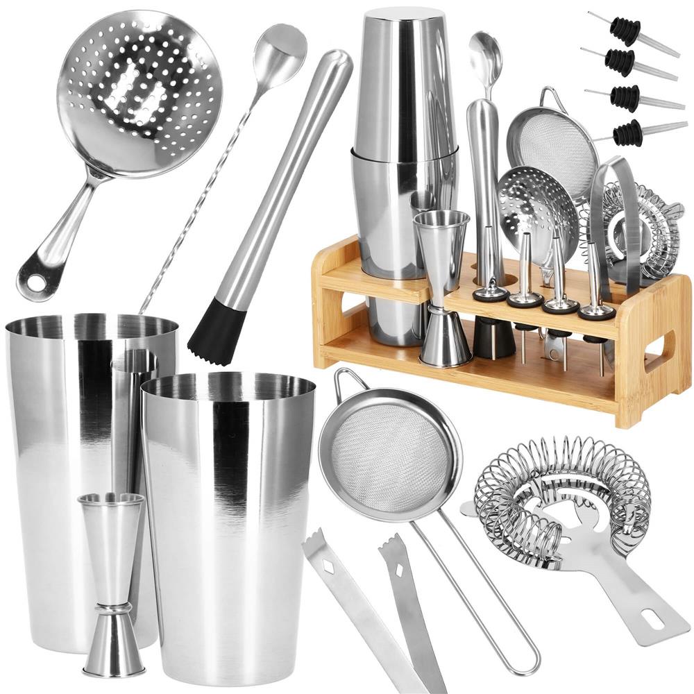 Set Cocktail Shaker Kit pentru barmani 750ml, KI11, suport bambus, 14 piese