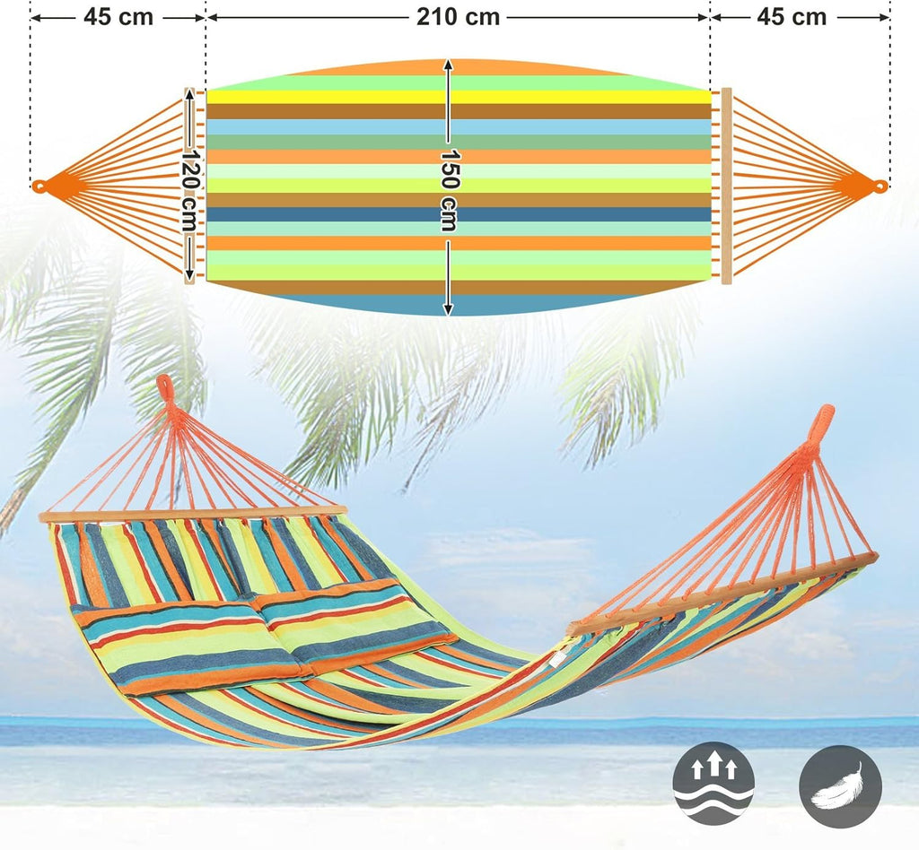 SONGMICS Hamac dublu cu bara lemn, perne incluse, maxim 300 kg, 210x150 cm, multicolor