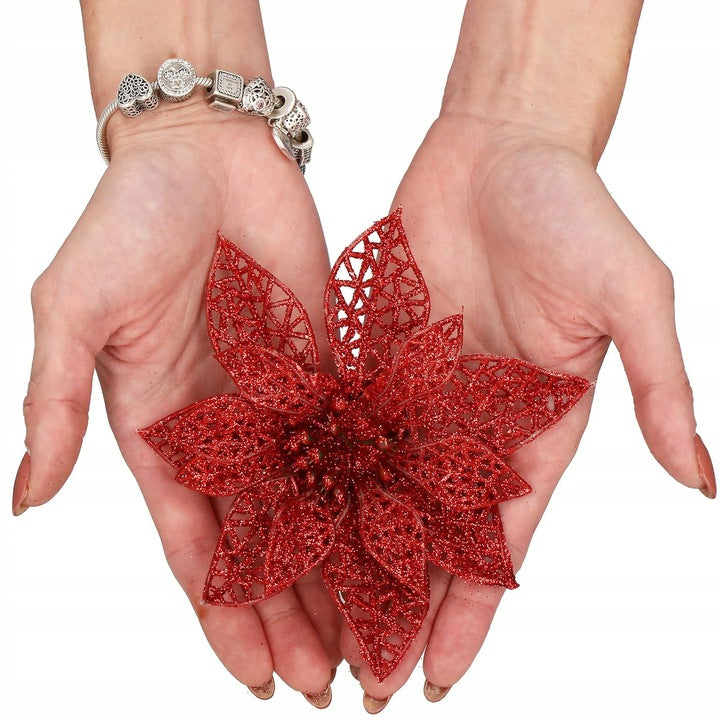 Set 10 ornamente pentru bradul de Craciun, stea Poinsettia, 10cm, rosu
