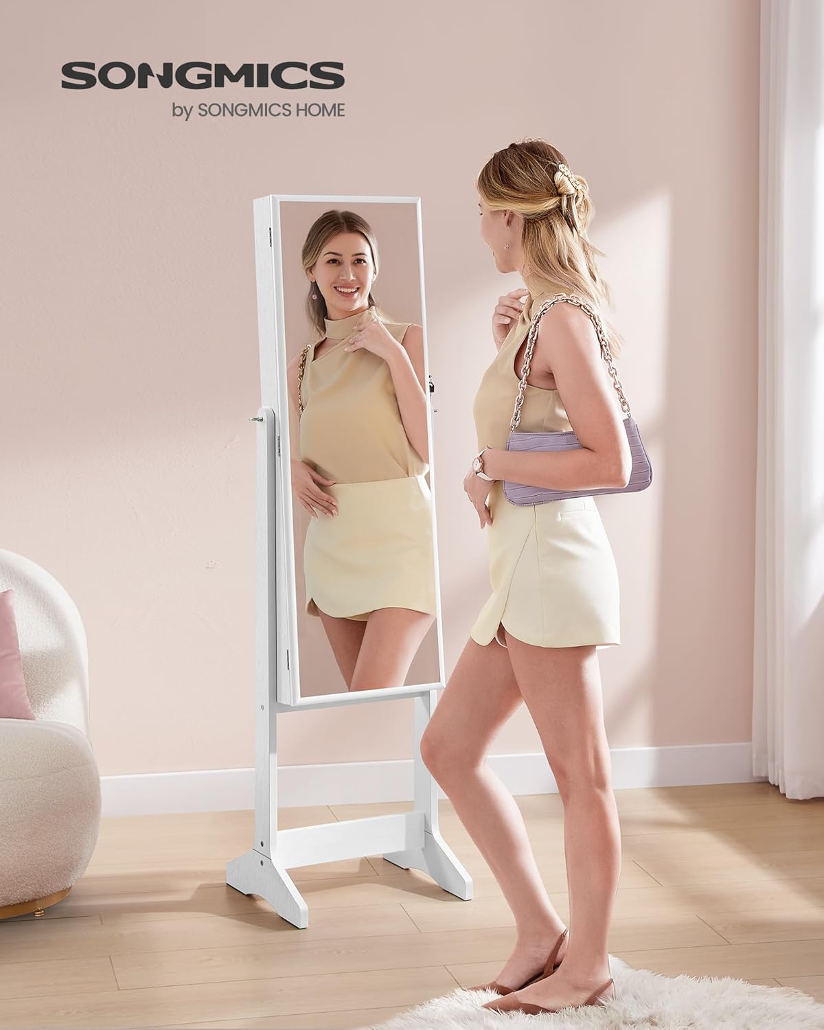 SONGMICS Oglinda de podea cu suport, din MDF, spatiu de depozitare, 41x37x152 cm, alb