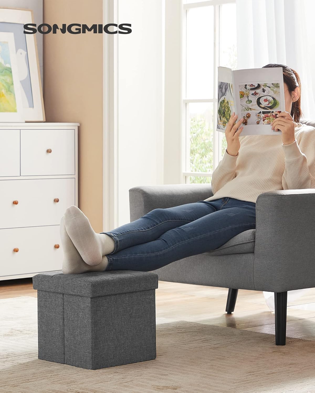 SONGMICS Taburet pliabil 30x30x30 cm, cu spatiu de depozitare, capac tapitat, MDF si imitatie in, gri