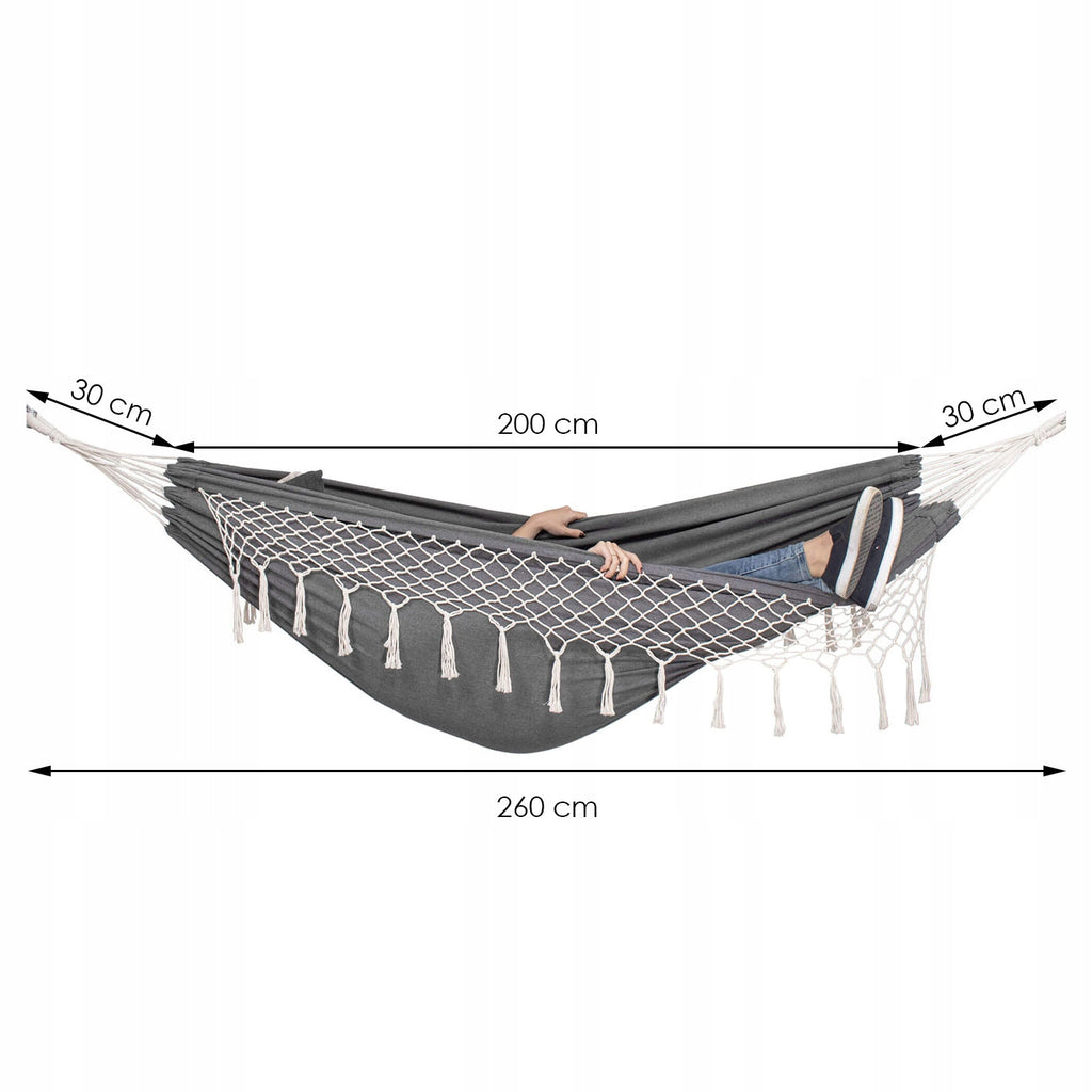 Hamac doua persoane cu franjuri si 2 perne, 200kg, 200×150 cm, gri inchis
