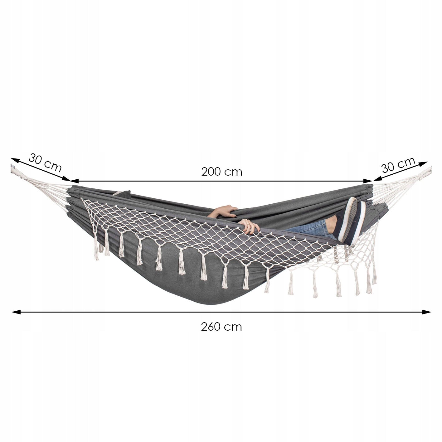 Hamac doua persoane cu franjuri si 2 perne, 200kg, 200×150 cm, gri inchis