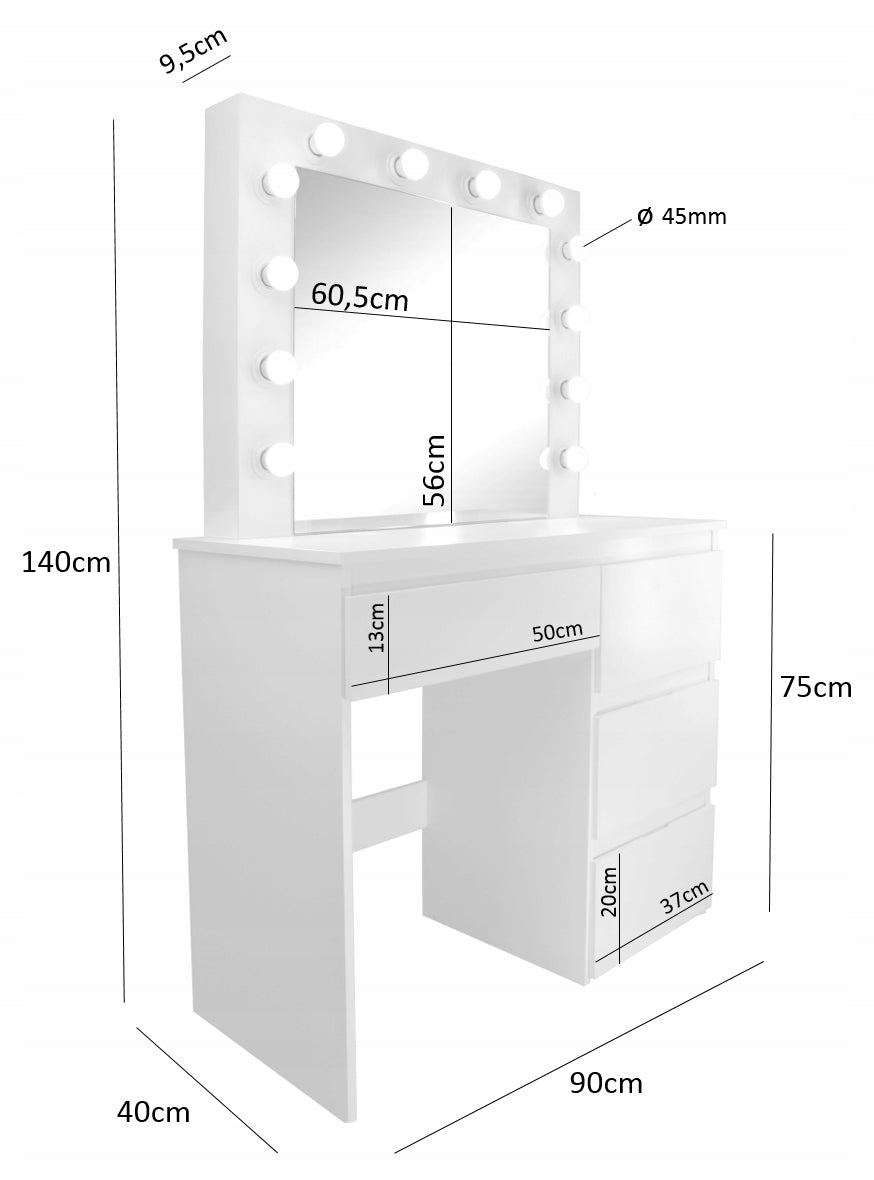 Masa de toaleta si machiaj Hollywood Pro, alba, cu 4 sertare, oglinda si 12 LED-uri, 90x40x140 cm