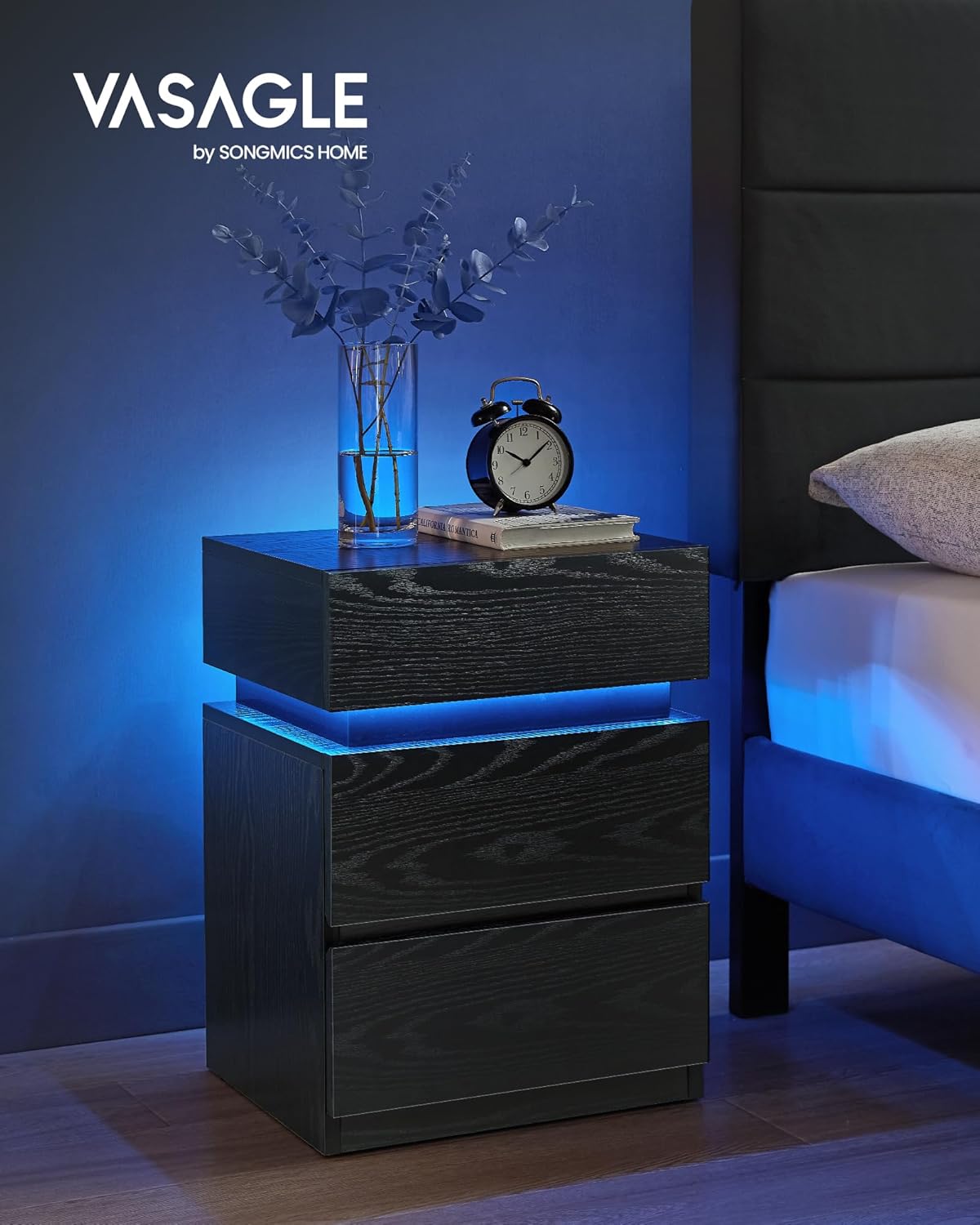 VASAGLE Noptiera din MDF cu iluminare LED, culori si intensitate reglabile, 35x40x55cm, negru