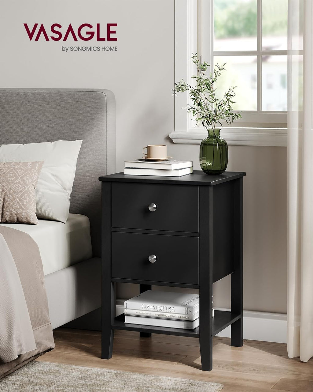 VASAGLE Set de 2 noptiere din bambus, cu 2 sertare, 35x40x60 cm, negru