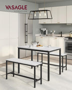 VASAGLE Masa de bar cu 2 banci, design industrial, 110x70x75 cm, alb marmura