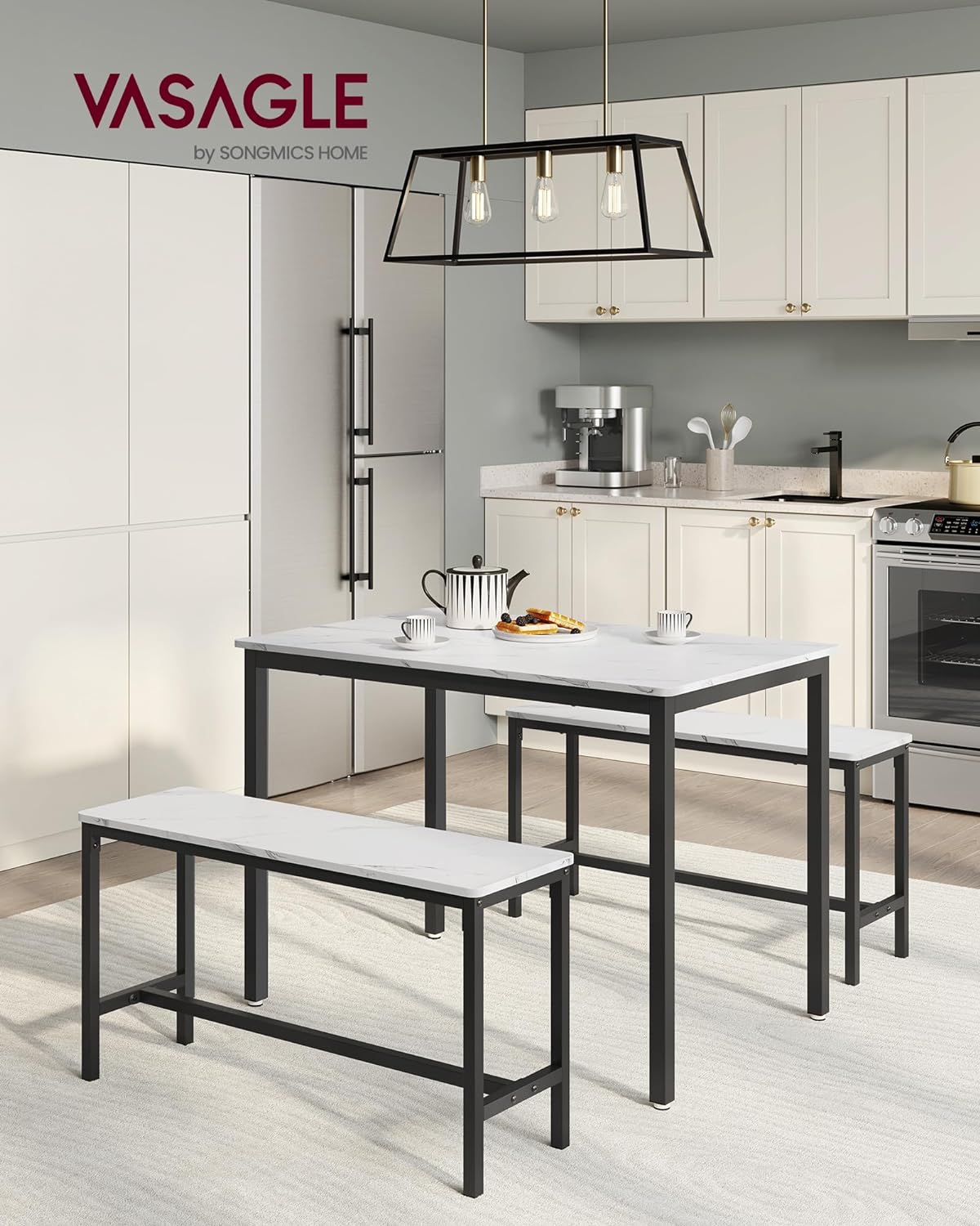 VASAGLE Masa de bar cu 2 banci, design industrial, 110x70x75 cm, alb marmura