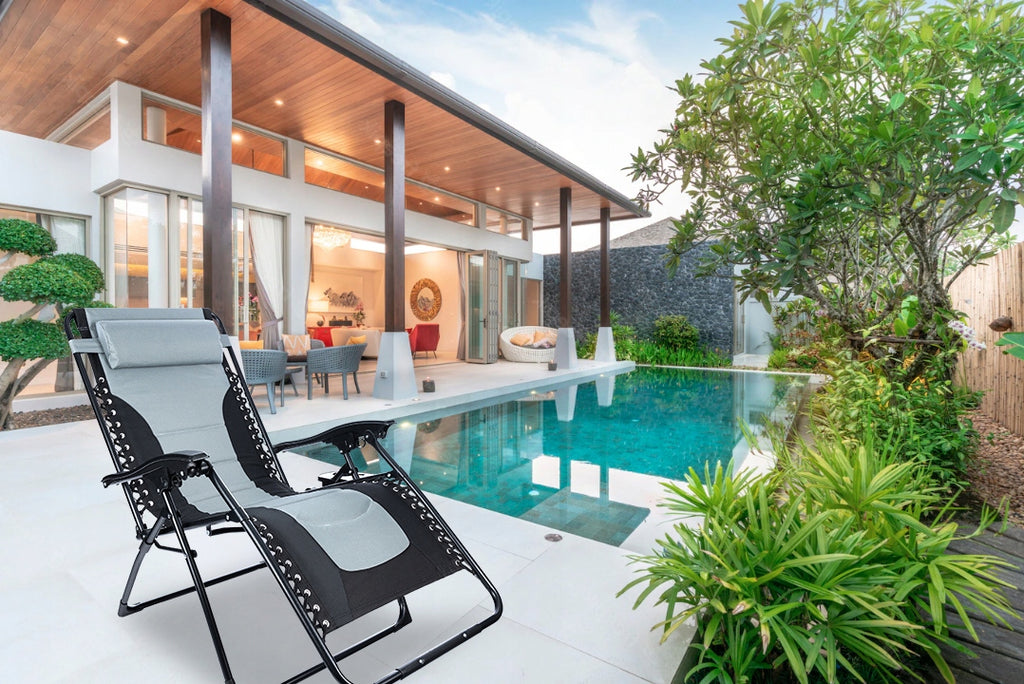 Sezlong scaun pliant plaja sau gradina, Siesta, gravitatie zero, cu tetiera, 175x75x110 cm, negri gri