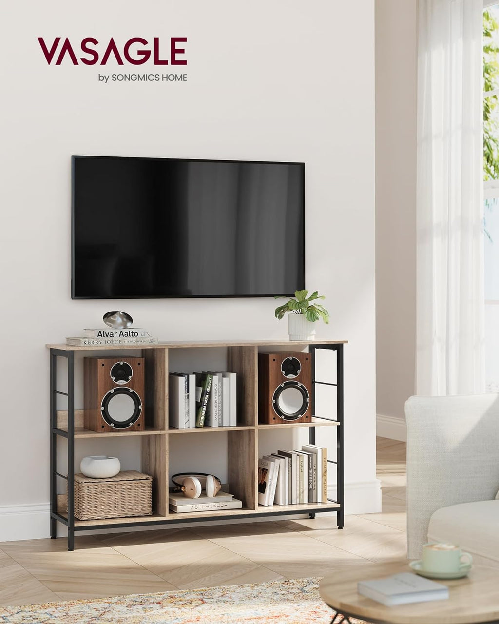 VASAGLE Biblioteca, raft cu 6 unitati de depozitare, din lemn, 33x120x80 cm, gri stejar